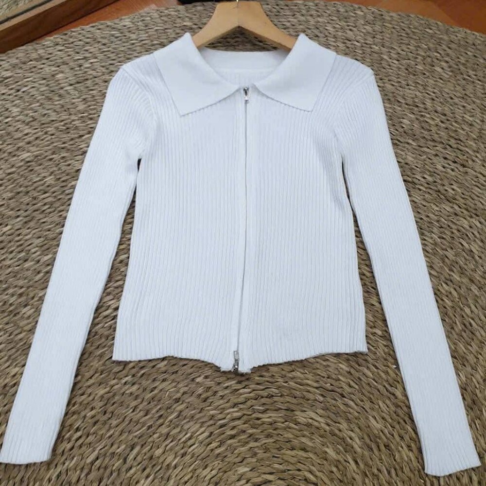 White Ribbed Knit Zip Up Collared Crop Top Fitted Long Sleeve Polo Sweater